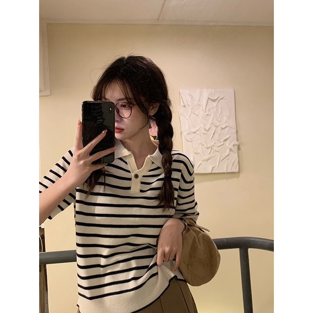 Áo thun polo ZHELIHANGFEI vải dệt kim ngắn tay họa tiết kẻ sọc ngang thời trang