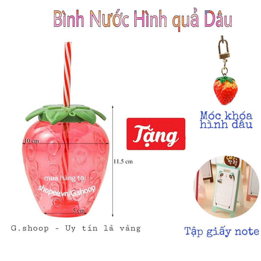 Bình Nước, Bình Đựng Nước Hình Quả Dâu Tây 500ml Kèm Ống Hút Và Móc Khóa Dâu Tây