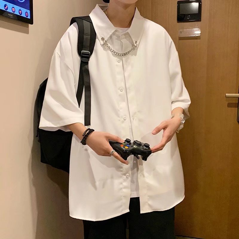 Áo Sơ Mi Tay Ngắn Màu Trơn Phong Cách Hàn Quốc Thời Trang Cá Tính Cho Nam