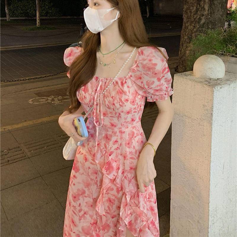 [MURIOKI] Đầm Midi Chữ A Tay Ngắn Phồng Cổ Vuông Họa Tiết Hoa Phong Cách Hàn Quốc Thời Trang Cho Nữ