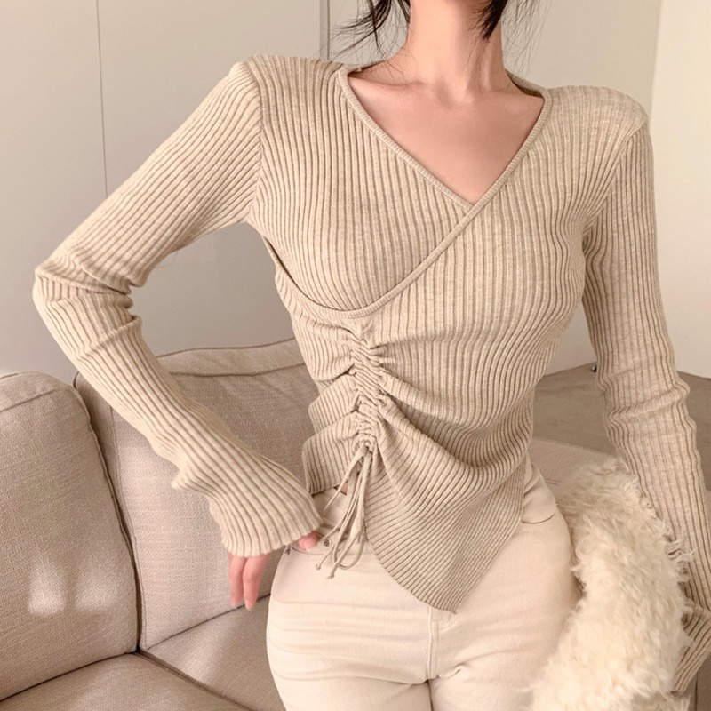 Áo Sweater Dệt Kim Tay Dài Cổ Chữ V Màu Sắc Đơn Giản Phong Cách Hàn Quốc