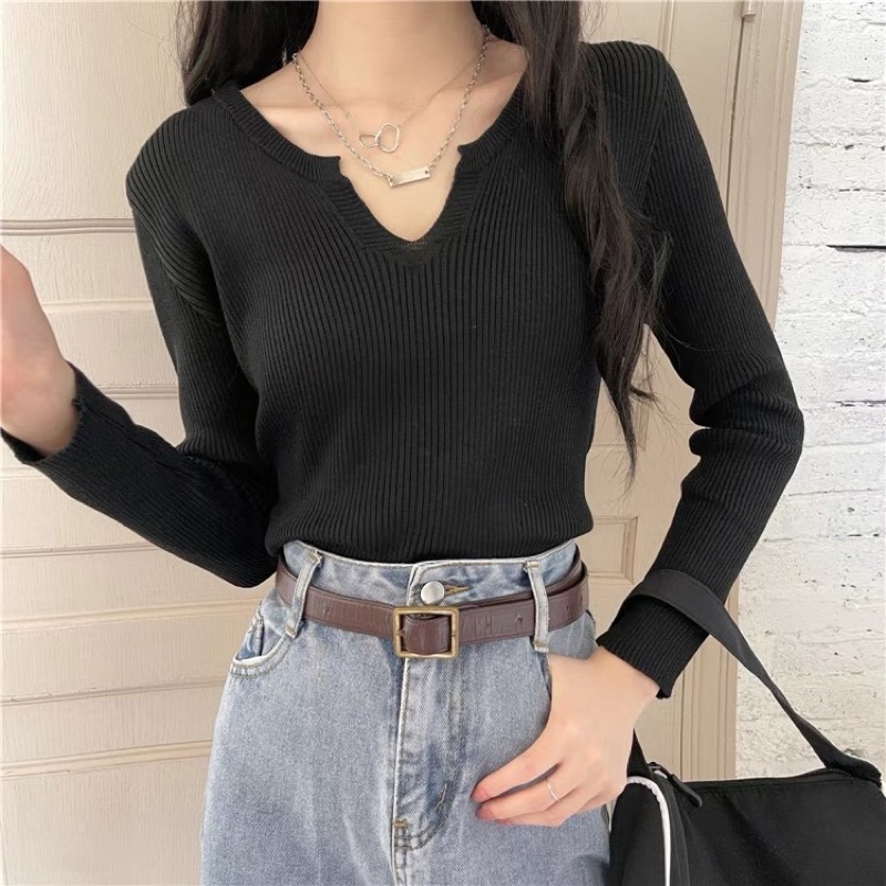 Top phụ nữ đầu mùa thu thiết kế cảm giác thích hợp áo phông 2021 mới ngắn tay cổ chữ V dài tay dệt kim hot girl | BigBuy360 - bigbuy360.vn