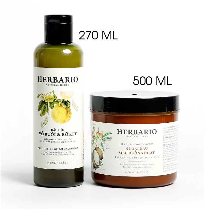 Combo Dầu Gội Bưởi và bồ kết 270ml + Kem ủ tóc Herbario 500ml