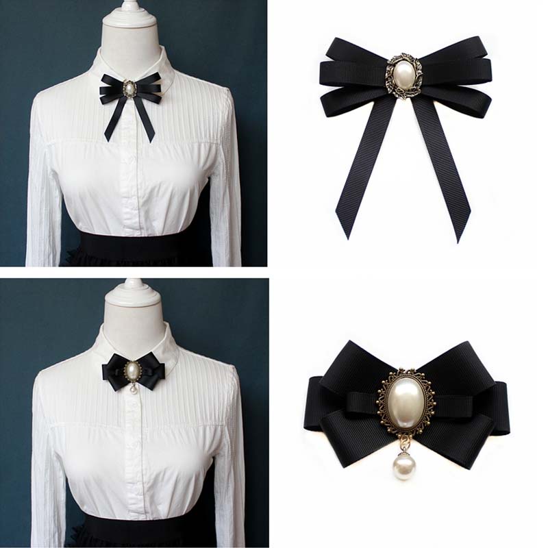 Nơ Cài Cổ Áo Đính Đá Pha Lê Và Ngọc Trai Màu Đen Phong Cách Hàn Quốc Cho Nữ