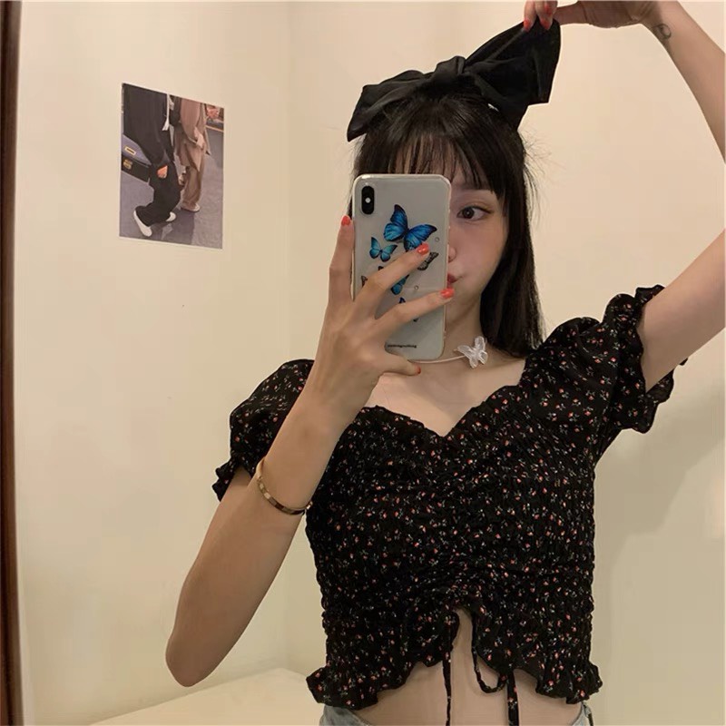 Áo croptop hoa rút dây ngực tay ngắn A5063