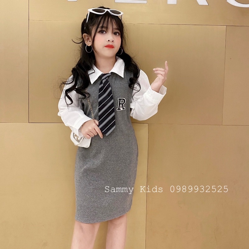 Váy Body phối tay Sơ mi kèm Calavat Hàn Quốc cho bé gái size đại 16-40kg