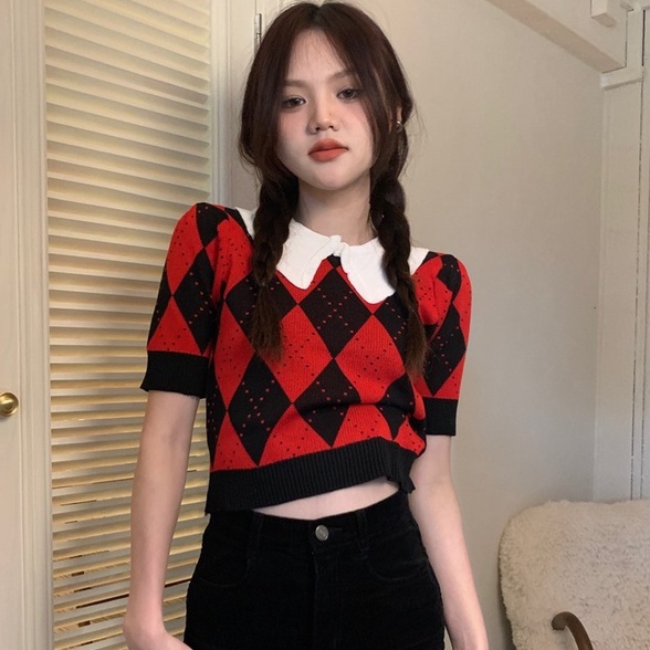 Áo thun dệt kim ZHELIHANGFEI cổ búp bê tay ngắn họa tiết hình thoi dễ thương