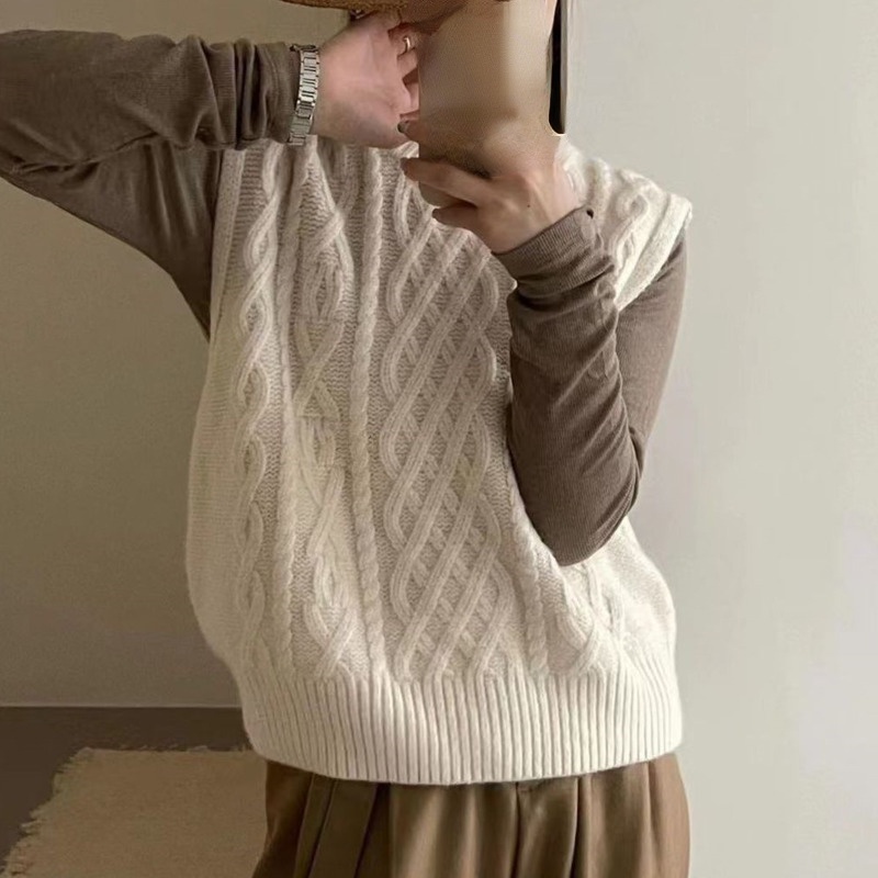 Áo Sweater Dệt Kim Sát Nách Cổ v Màu Trơn Kiểu Retro Hàn Quốc Thời Trang Mùa Thu Năng Động