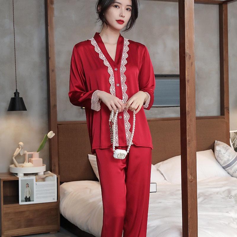 Bộ Đồ Ngủ Tay Dài Vải Lụa Phối Ren Thời Trang Sang Trọng Quyến Rũ Cho Nữ