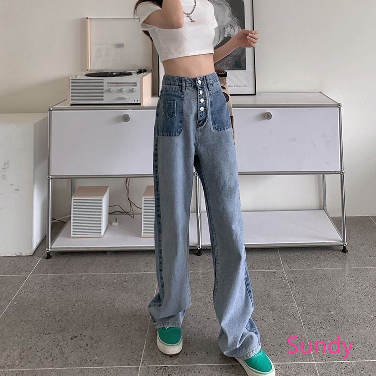 Quần Denim Lưng Cao Phối Màu Phong Cách Vintage Thời Trang Mùa Thu Cho Nữ