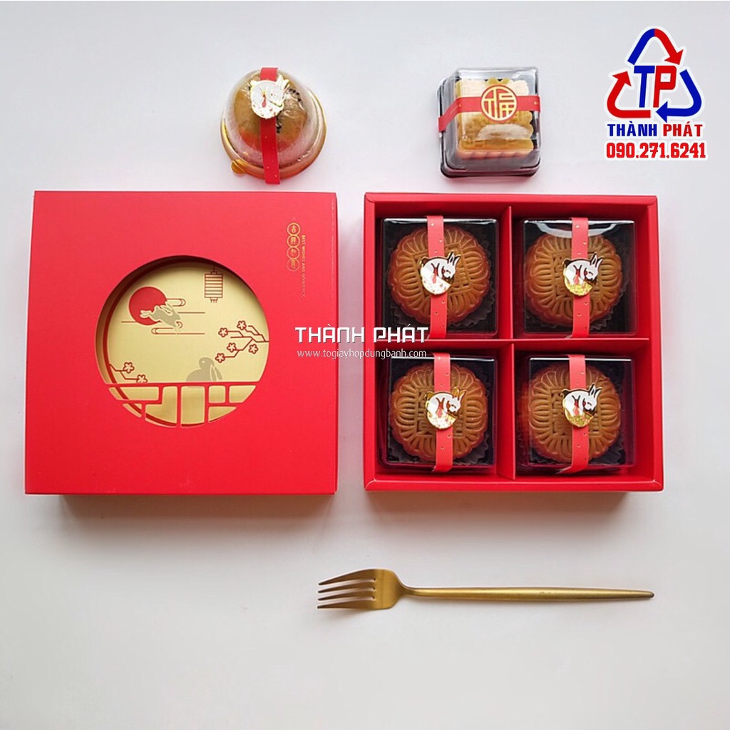 7 Hộp đựng 4 bánh trung thu 2023 bánh 80g - 100g - 125g màu đỏ kèm túi cao cấp - Thỏ trông Trăng