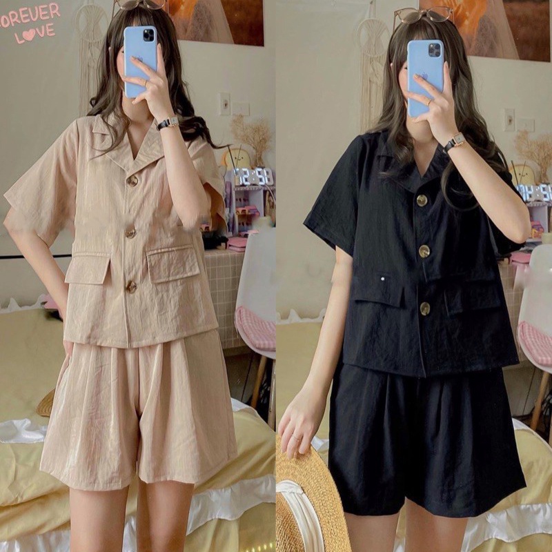 Set đồ nữ áo sơ mi cổ vest Korea Style + Quần đùi ulzzang , Bộ đồ quần áo nữ (video/ảnh thật/sẵn)