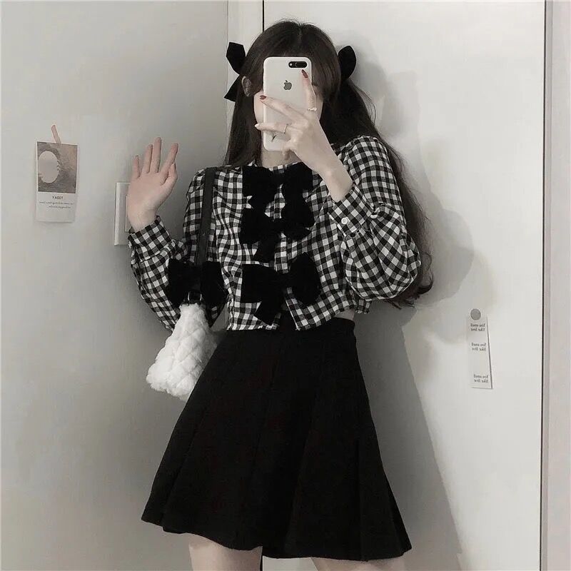 Set Áo Sơ Mi Và Chân Váy Phong Cách Retro Xinh Xắn Cho Nữ