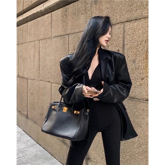 Áo khoác blazer chất da PU nữ