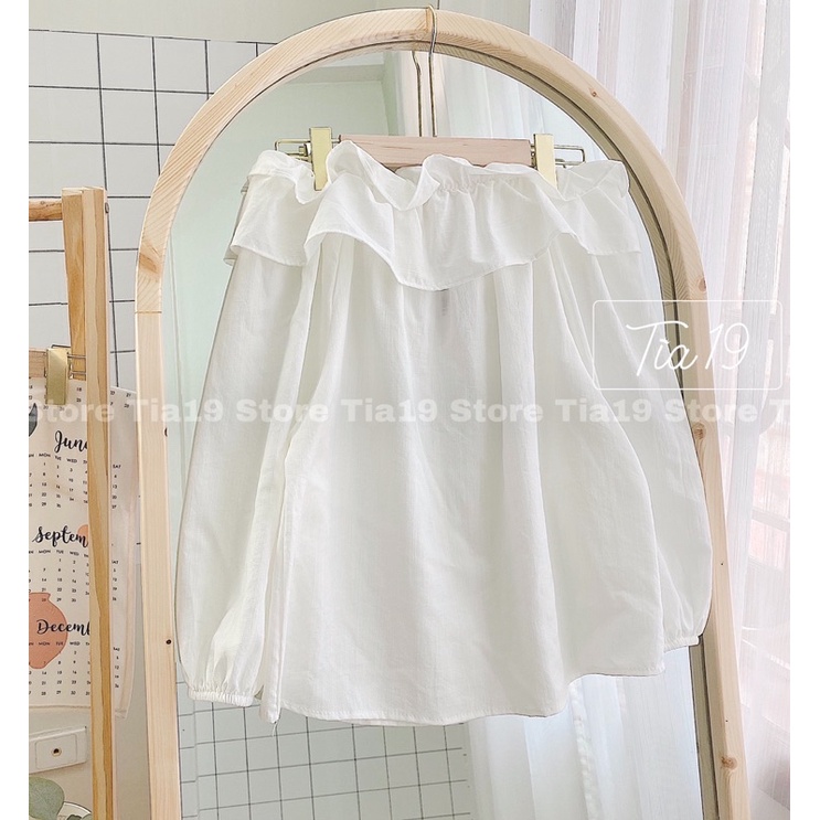 Áo trễ vai trắng bèo dài tay Tia19 .Áo rớt vai tay bồng ( Ảnh thật)