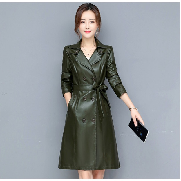 (HÀNG SẴN) Áo Khoác Da Nữ Dáng Dài Có Dây Đai Trẻ Trung KD17 - Hàng Quảng Châu Cao Cấp