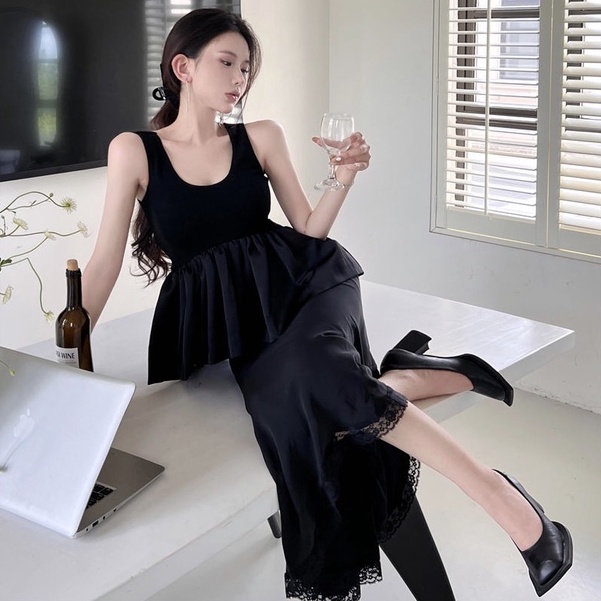 Set Áo Hai Dây Cổ Chữ V + Chân Váy Đuôi Cá Lưng Cao Phối Ren Màu Đen Phong Cách Hàn Quốc Thời Trang Mùa Hè Cho Nữ