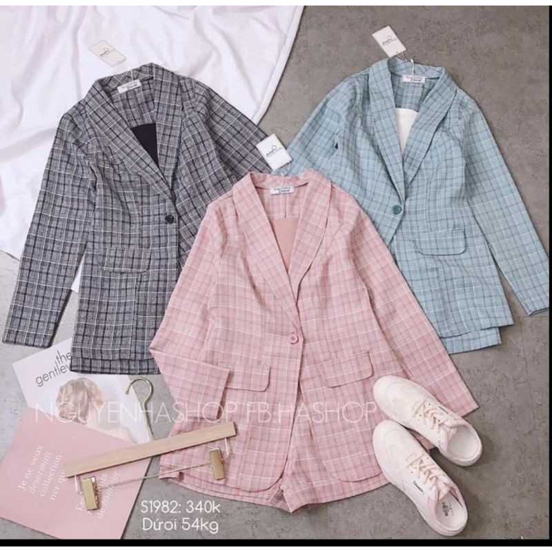 Sét bộ vest kẻ ba món kèm áo hai dây