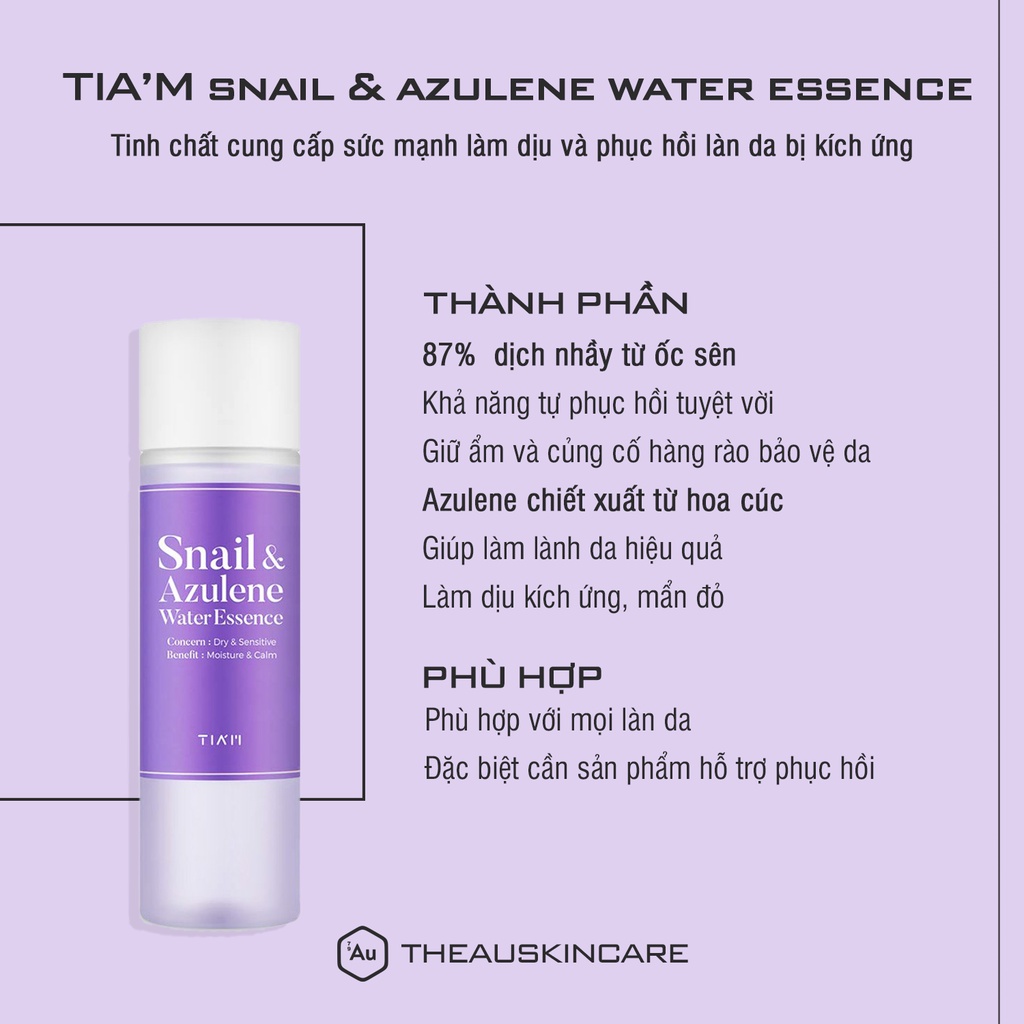 TIA'M | Essence Dịch Ốc Sên Hỗ Trợ Phục Hồi &amp; Dịu Da - Snail &amp; Azulene Water Essence 180ml [Hàng Chính Hãng từ TIA'M]