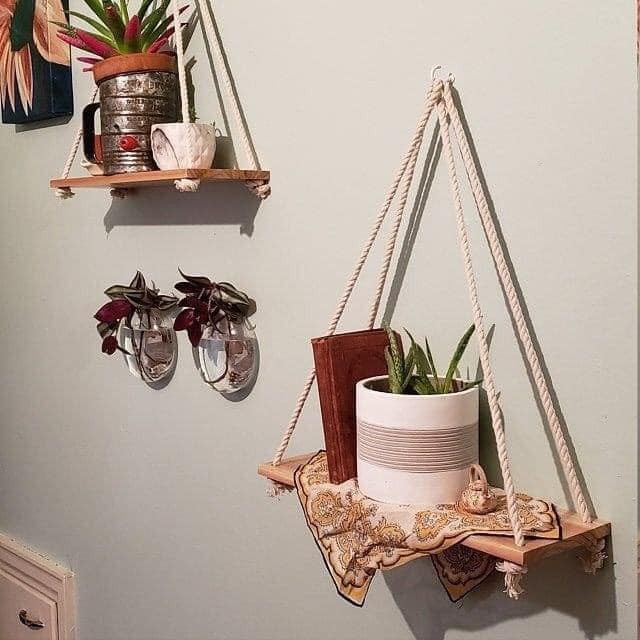 Kệ gỗ trang trí có dây thừng kèm theo kích thước 10x30cm, dây treo 1 mét, loại xịn chống thấm nước.