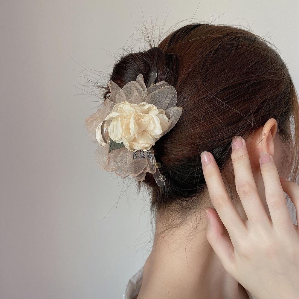 VANES1 Kẹp Tóc Càng Cua Đính Hoa Vải Lưới Kiểu Hàn Quốc Dễ Thương Cho Bạn Gái