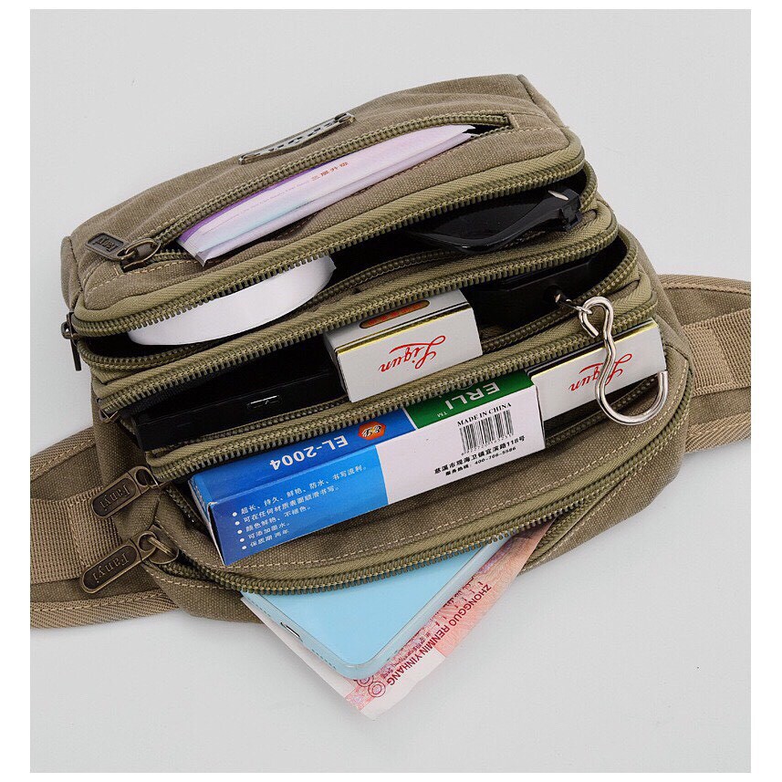 Túi bao tử đeo chéo, đeo thắt lưng vải canvas 4 ngăn thời trang nam T68 21x13x10cm