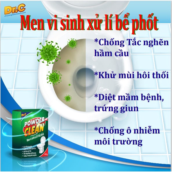 Men vi sinh xử lý bể phốt powder clean chính hãng Dr.C, chống tắc nghẽn hầm cầu, khử mùi hôi toilet - MVS