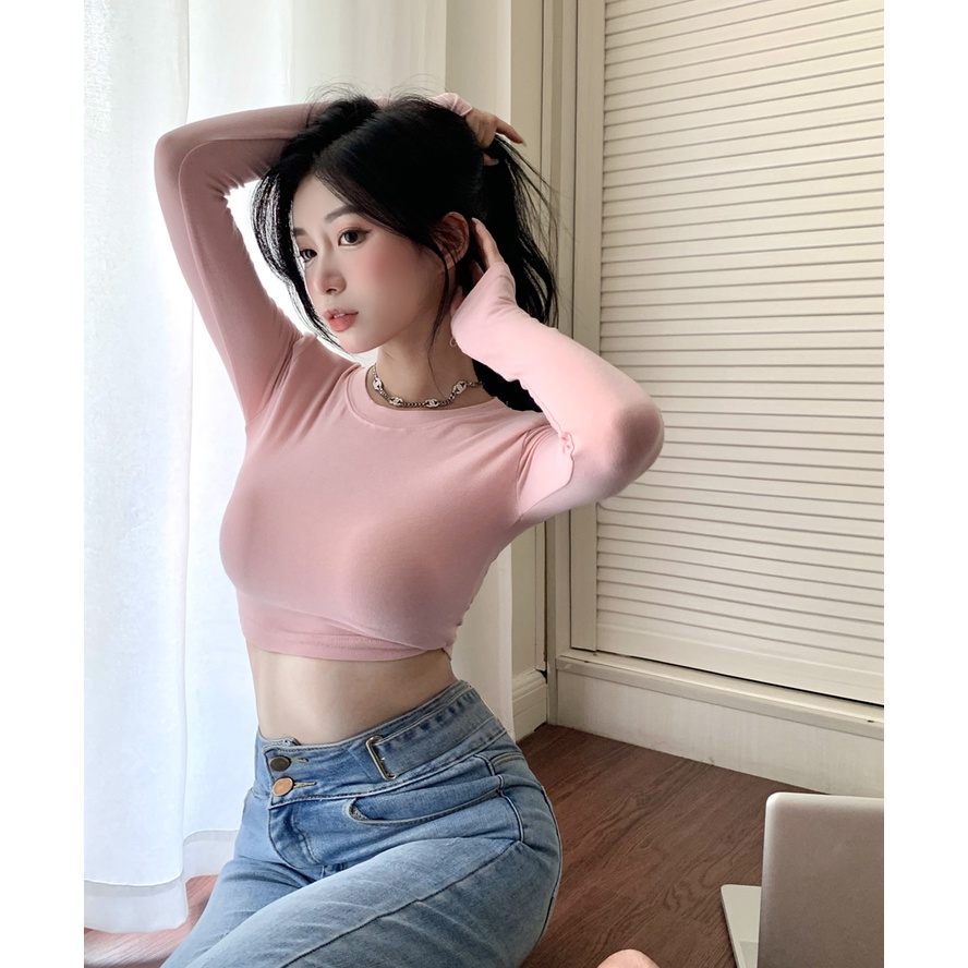 Cocory vn  Áo Croptop Tay Dài Cổ Tròn Form Ôm Chất Liệu Mỏng 8 Màu Thời Trang Quyến Rũ | BigBuy360 - bigbuy360.vn