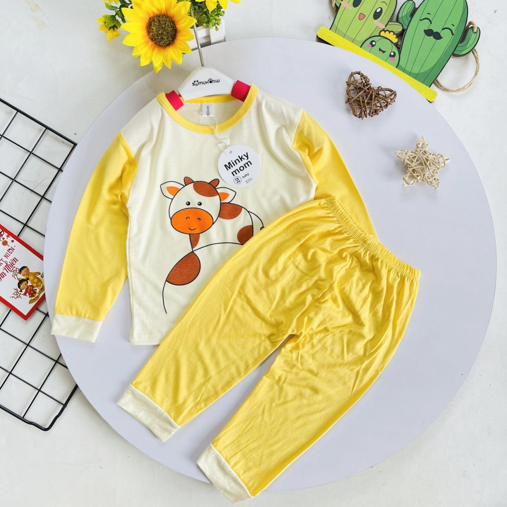 Bộ Dài Tay Thun Lạnh Minky Mom In Hình Động Vật Bo Chun Phối Tay Dễ Thương Cho Bé