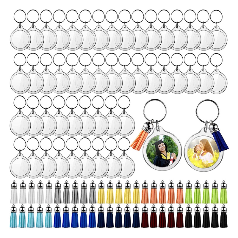 Set 50 Móc Khóa Acrylic Trong Suốt Kèm Dây Tua Rua DIY