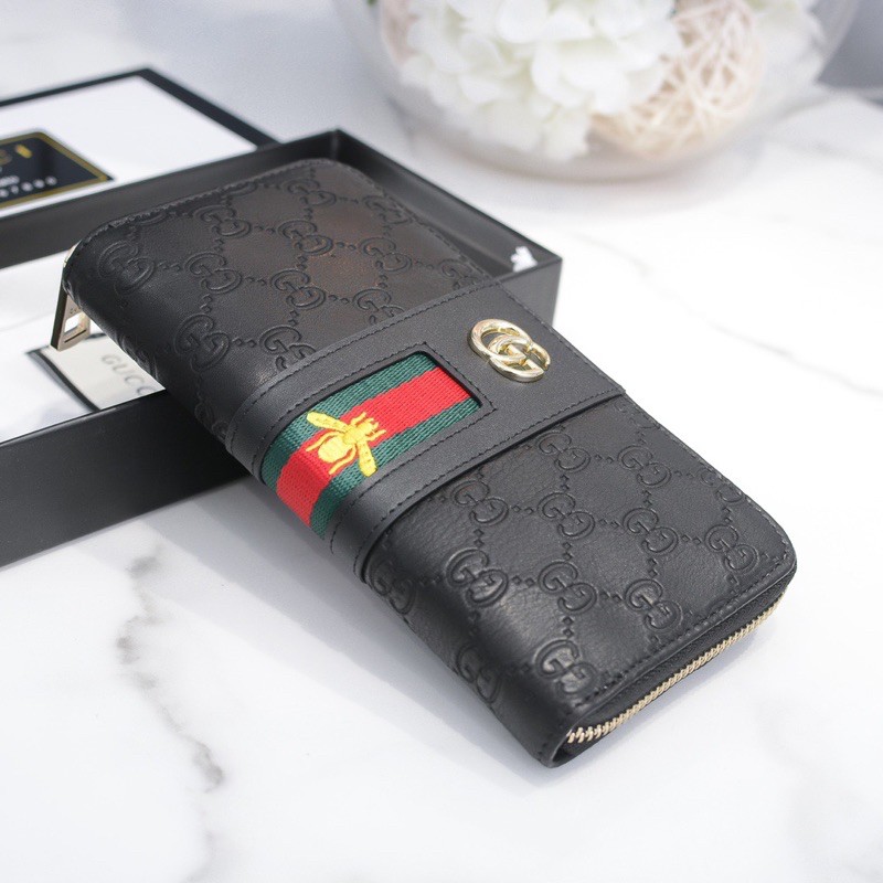 Ví dài cầm tay kéo khoá cho nam Gucci GG da thật cao cấp thêu hình con ong