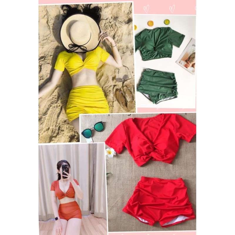 Bikini đi biển áo tay con xoắn nhúng màu xanh rêu, vàng, đỏ, cam