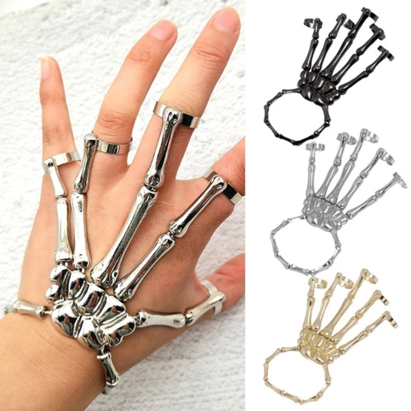 Vòng Đeo Tay Bằng Hợp Kim Kẽm Màu Vàng Bạc Hình Bộ Xương Bàn Tay Phong Cách Gothic Punk Cho Nam Và Nữ