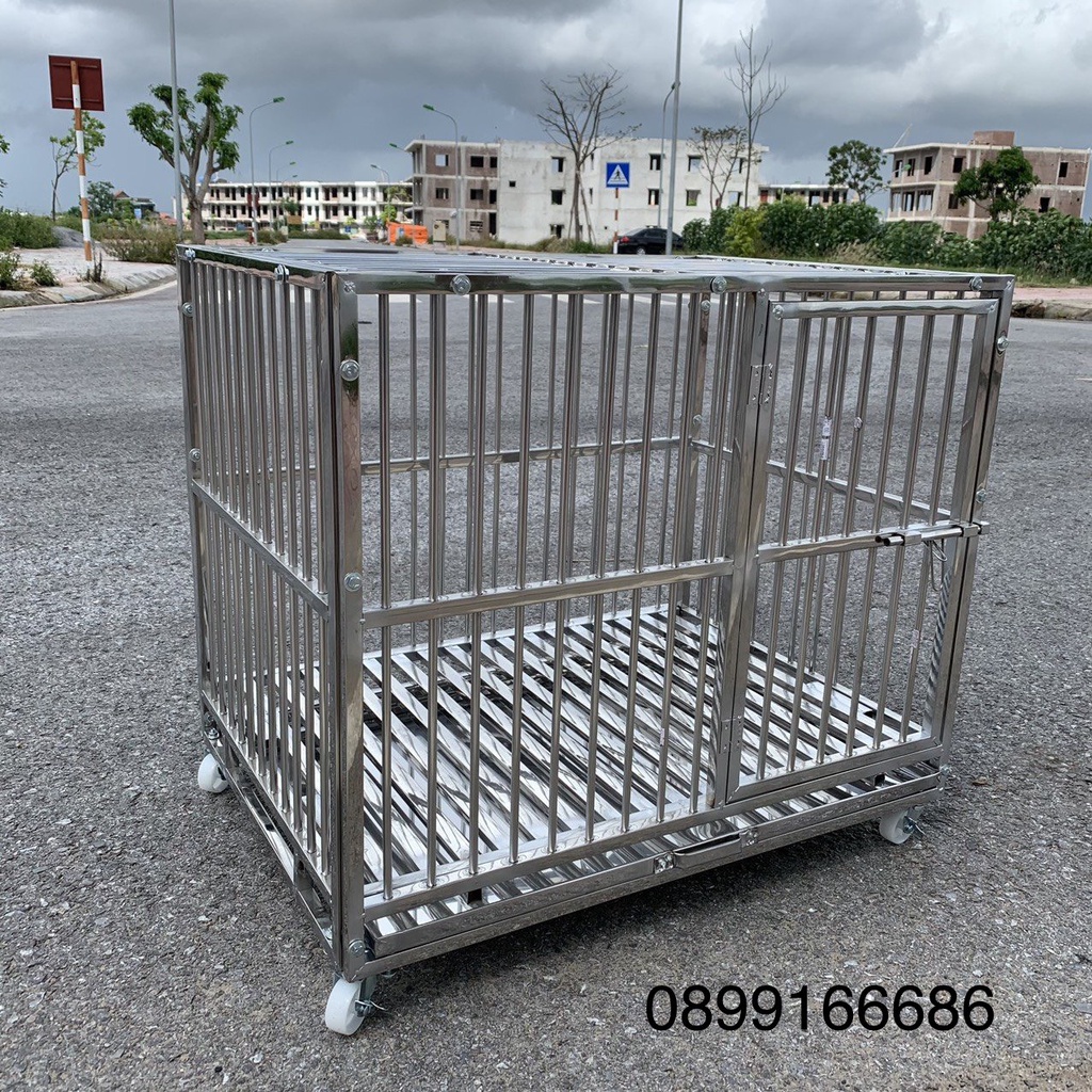 Chuồng inox cho chó mèo 83x60x70cm tháo lắp gấp gọn có bánh xe, khay hứng