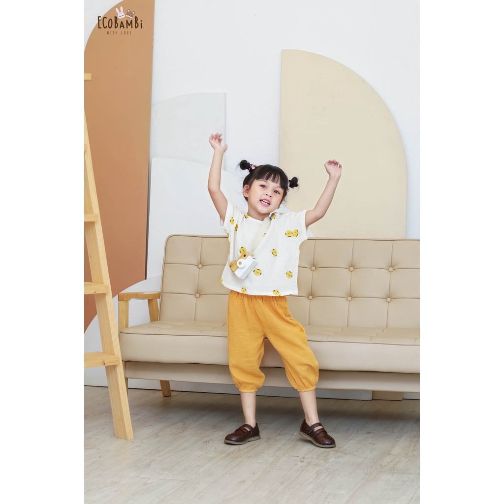 Bộ cotton Muslin Unisex TAY NGẮN, QUẦN THỤNG phong cách Hàn Quốc cho bé - ECOBAMBI