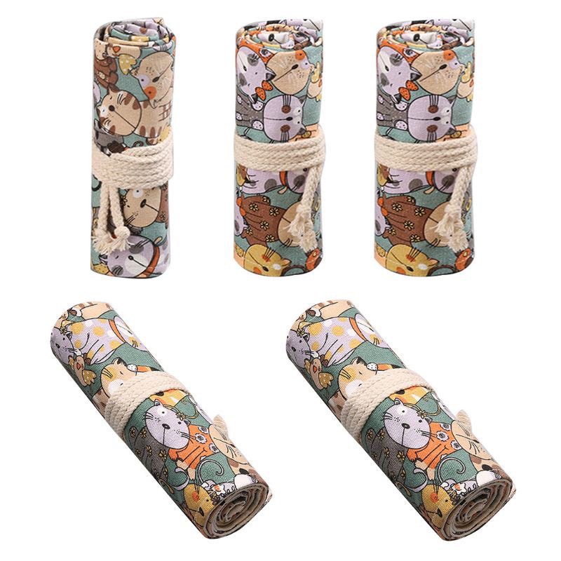 Túi cuộn đựng bút chì/dụng cụ trang điểm 24/36/48/72 ngăn bằng vải bố họa tiết mèo hoạt hình