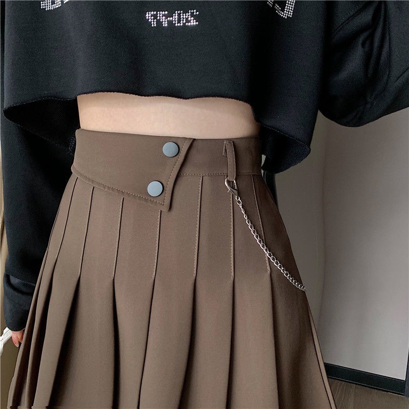 Chân váy RENJIANVSHENG 164714 xếp ly cạp cao dáng chữ A màu trơn phong cách Hàn Quốc thời trang
