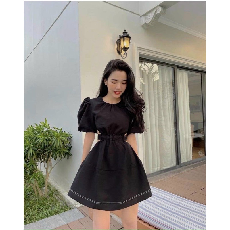 ĐẦM ĐEN ANNA DRESS thiết kế cut-out hở lưng sexy phần eo bo chun co giãn sau lưng thắt nơ có lót trong chất kaki chéo