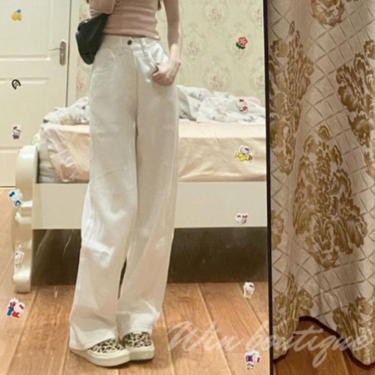 Quần jeans trắng cạp cao chất liệu bò dày đẹp phom suông rộng hack dáng Hot 2022