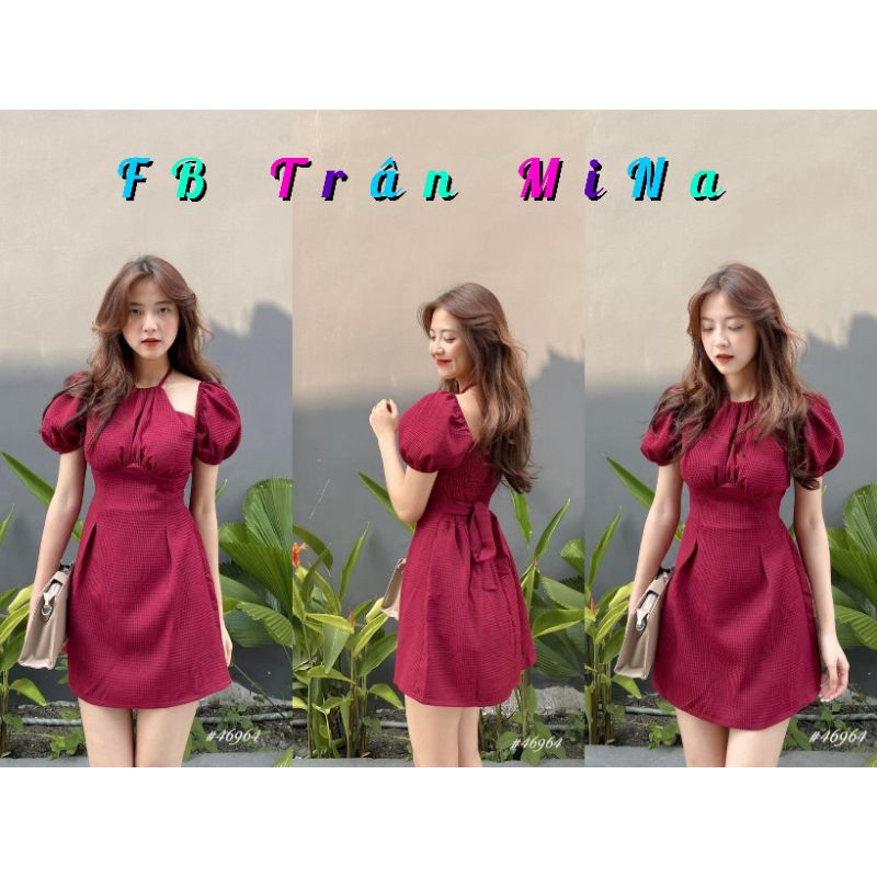 Đầm nữ đỏ mini cổ yếm khoét vai nơ lưng