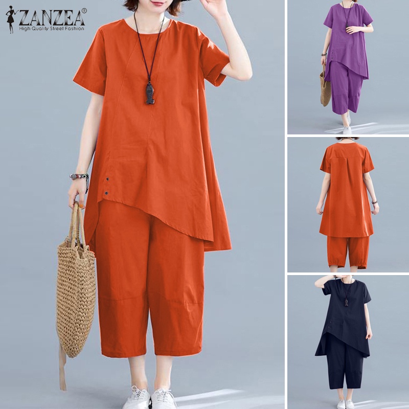Set đồ 2 món Zanzea gồm áo thun tay ngắn cổ tròn màu trơn lệch tà và quần dài thời trang cho nữ