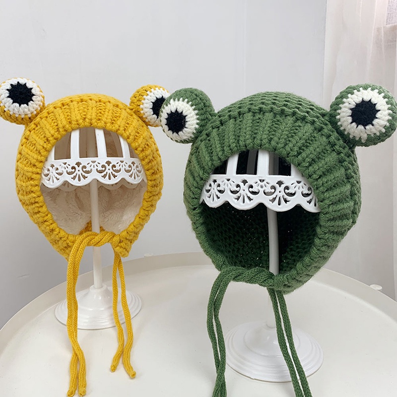 Mũ Len beanie Màu Trơn In Hình Ếch Hoạt Hình Giữ Ấm Mùa Đông