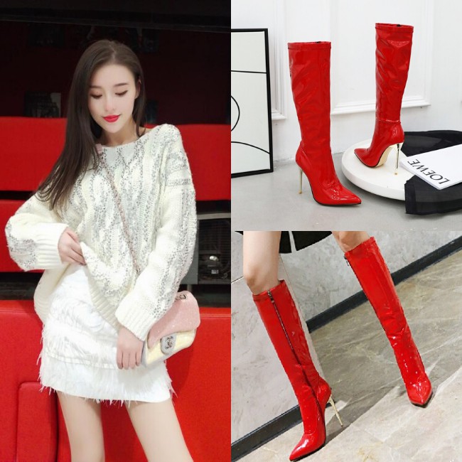 Giày boot gót nhọn cổ lửng da bóng màu đỏ GBCL-01R3