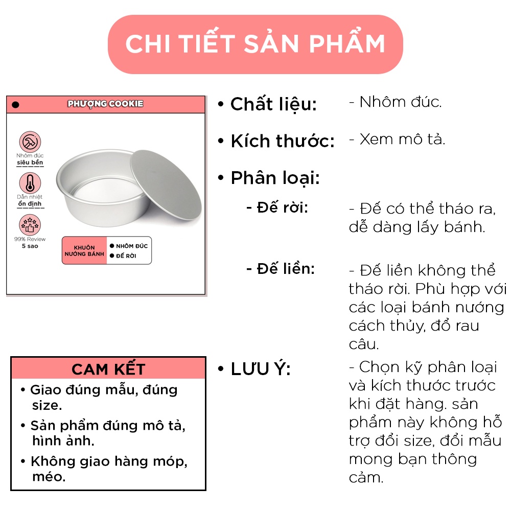 Khuôn tròn đế rời và liền nhôm đúc dùng để nướng bánh gato, làm bông lan, chiffon