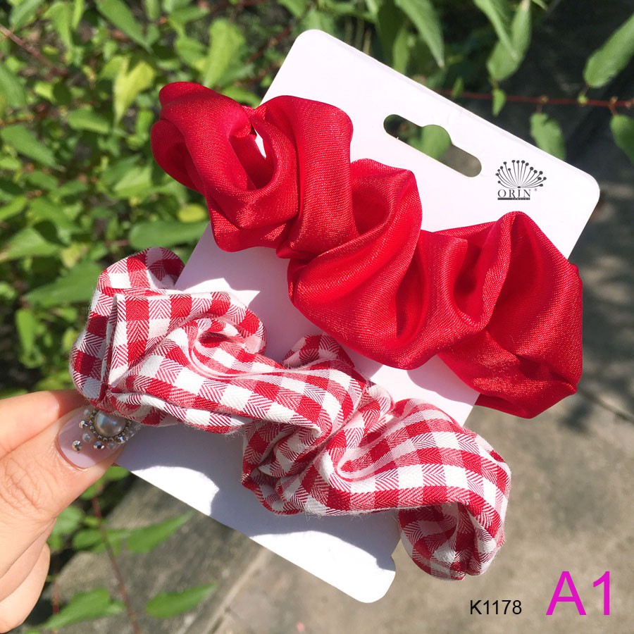 Set 2 dây buộc tóc, dây cột tóc scrunchies caro phi bóng siêu xinh Orin K1178 K1179