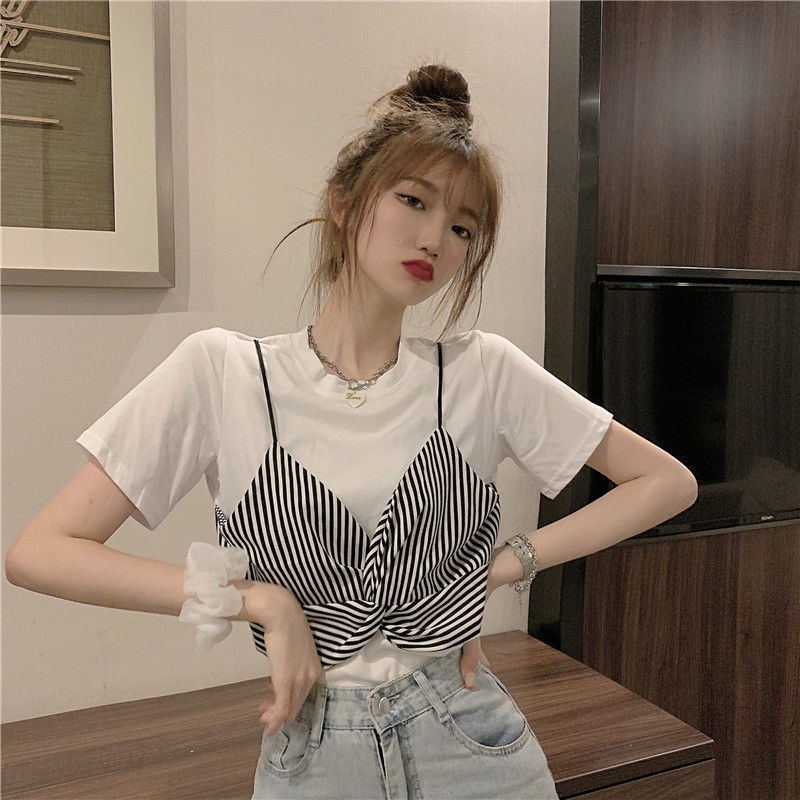 Áo Thun Ngắn Tay Giả Hai Lớp Phong Cách Hàn Quốc Thời Trang Cho Nữ Áo phông Nữ NZ-TX-18
