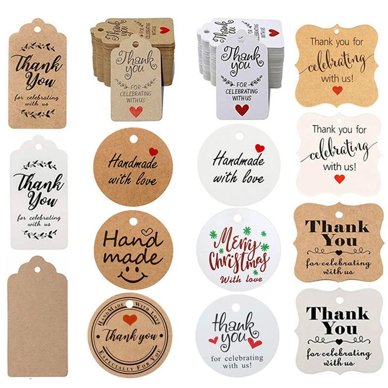 Set 300 Thẻ Giấy Kraft Nâu/Trắng In Chữ Thank You Trang Trí Đa Ứng Dụng