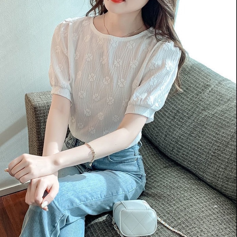 Áo Sơ Mi Tay Phồng Cổ Tròn Dáng Rộng In Họa Tiết Hoa Tươi Mới Phong Cách Hàn Quốc Thời Trang Mùa Hè Cho Nữ
