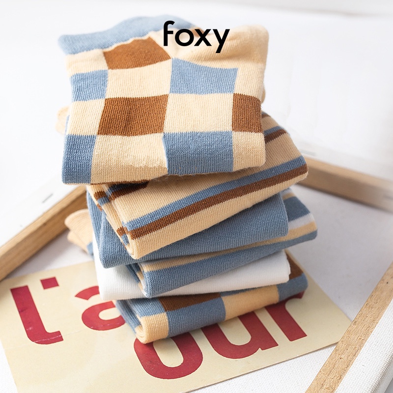 Sét 5 đôi Tất Nữ Cổ cao Hàn Quốc Cao Cấp Kẻ Sọc Caro Foxy