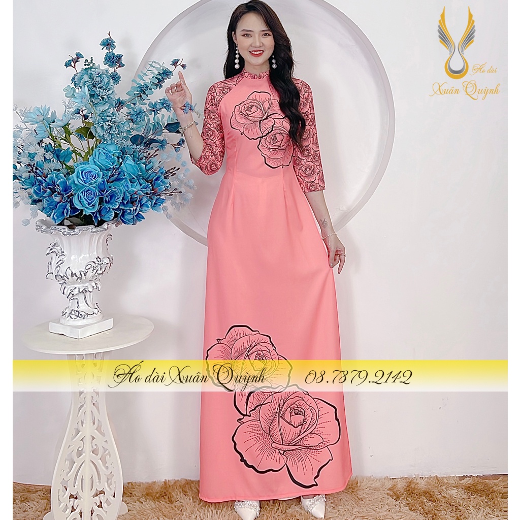 Áo Dài Hoạ Tiết Hoa Hồng Trẻ Trung, Tôn Giáng Lụa Habutai K78 - Áo Dài Truyền Thống
